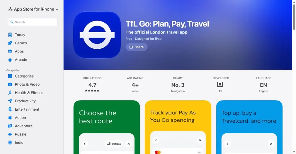 Transport for London — Official UK App Store page · TfL Go: Plan, Pay, Travel