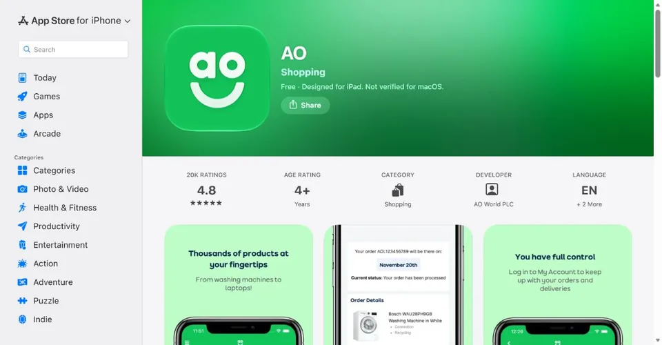 AO — Official UK App Store page · AO