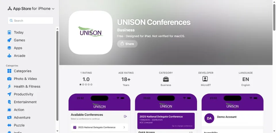 UNISON — Official UK App Store page · UNISON Conferences