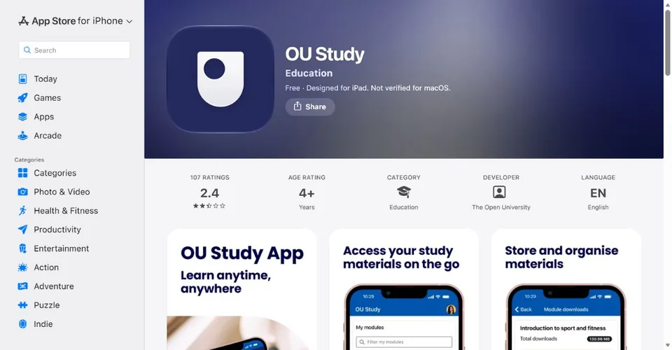 The Open University — Official UK App Store page · OU Study