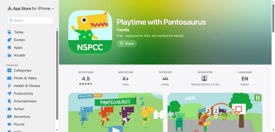 NSPCC — Official UK App Store page · Playtime with Pantosaurus