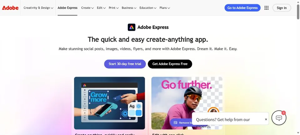 Adobe Express – Ansicht der Anbieter-Website
