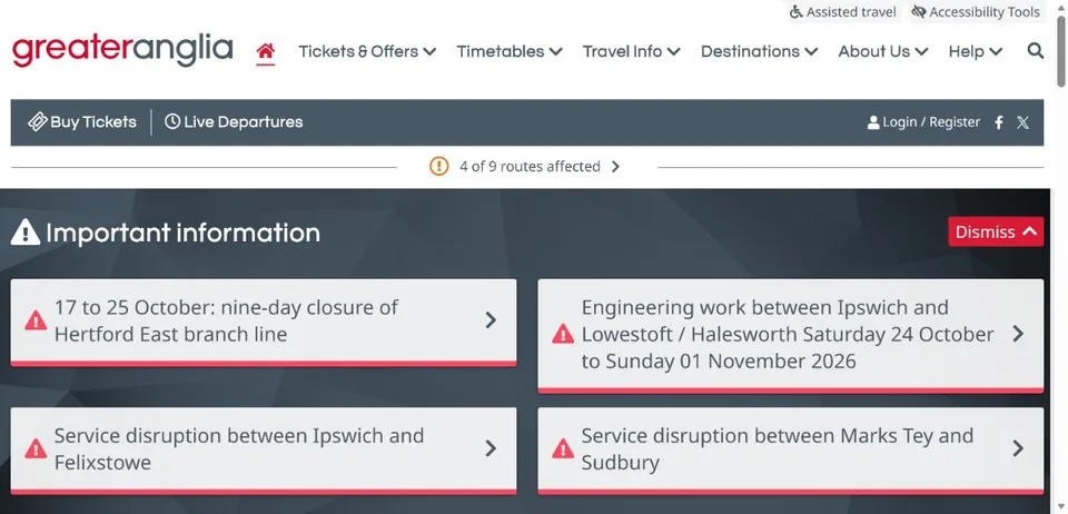 Greater Anglia — Official website screenshot