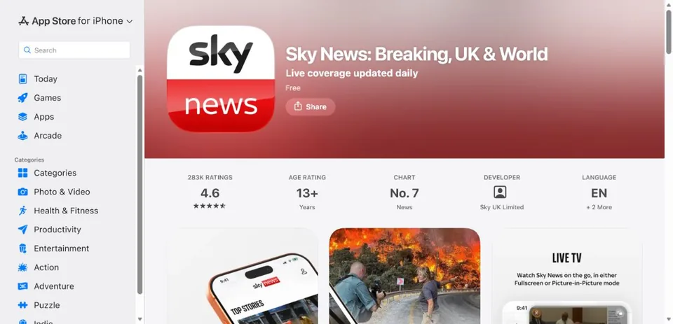 Sky News — Official UK App Store page · Sky News: Breaking, UK & World