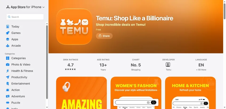 Temu — Official UK App Store page · Temu: Shop Like a Billionaire