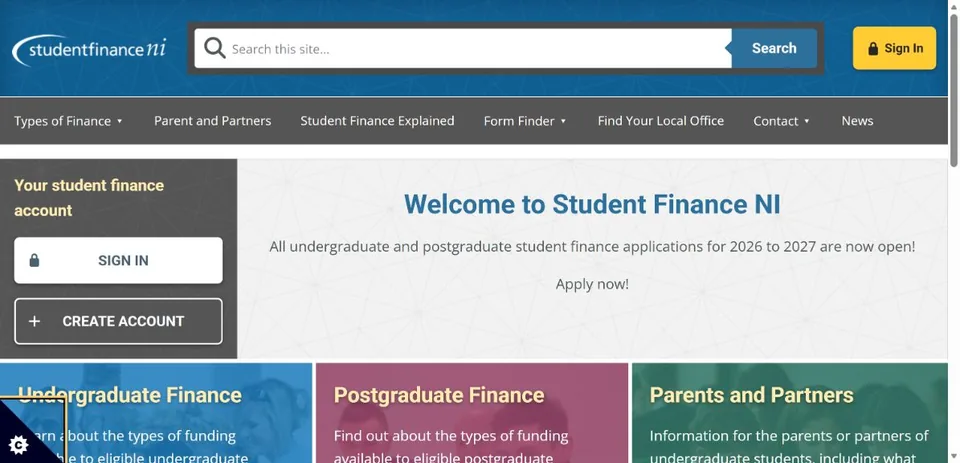 Student Finance NI — Official website screenshot