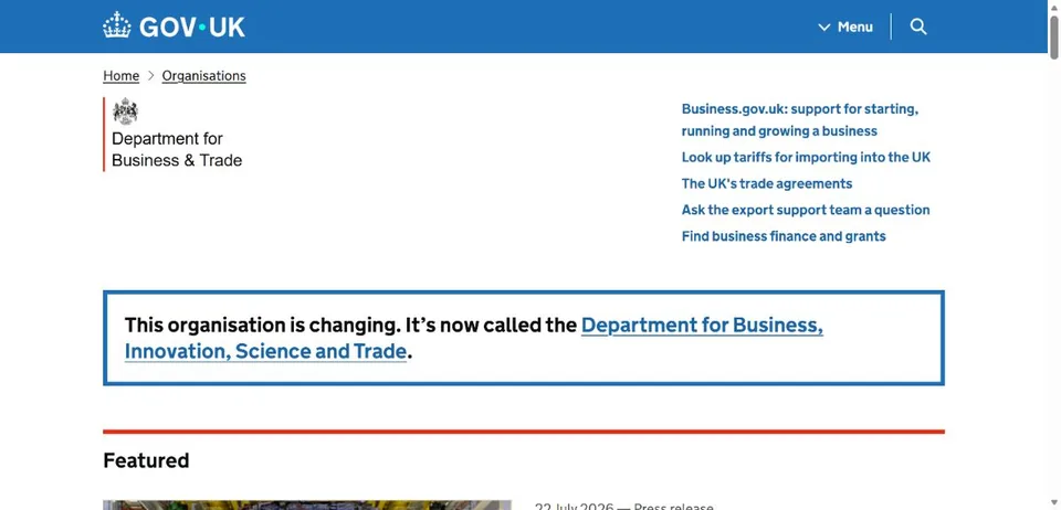 Department for Business, Innovation, Science and Trade — Official website screenshot